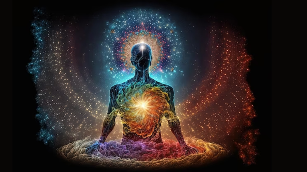 A meditating figure composed of colorful cosmic energy and light.
